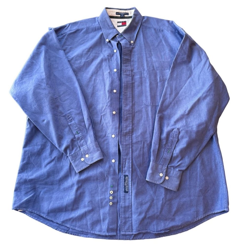 Tommy Hilfiger Mens Blue Oxford Button Down Shirt 17 34/35 Vintage 90s Preppy z1